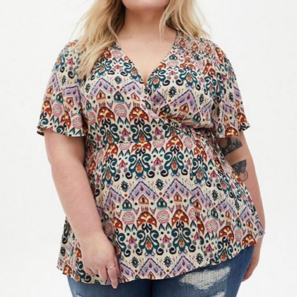 Torrid Rayon Crepe Smocked Surplice Top Ikat Wrap Blouse size 0X
